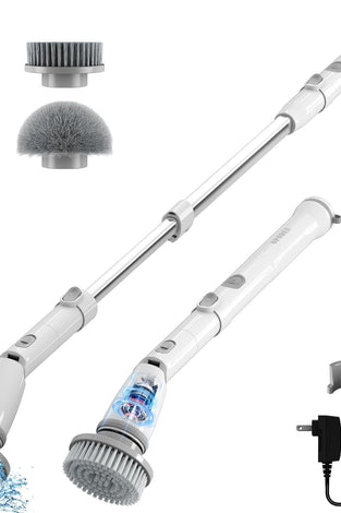 Electric Spin Scrubber, Shower Scrubber with Long Handle, Adjustable Extension Arm, 4 Replaceable Heads, 3 Angles, 2 Rotating Speeds, Spin Brush for Cleaning Bathroom Tile Tub Floor