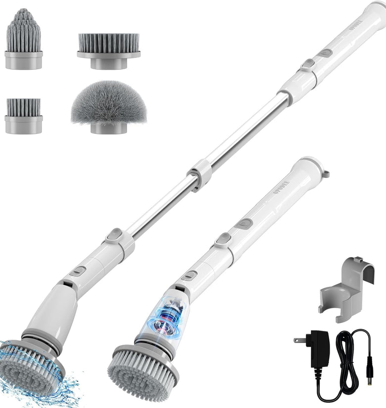 Electric Spin Scrubber, Shower Scrubber with Long Handle, Adjustable Extension Arm, 4 Replaceable Heads, 3 Angles, 2 Rotating Speeds, Spin Brush for Cleaning Bathroom Tile Tub Floor